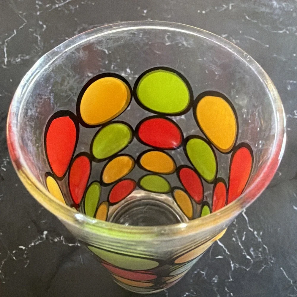 Vintage Set of 4 Mid Century Modern Retro Glasses Red Yellow Green Polka Dot 70s